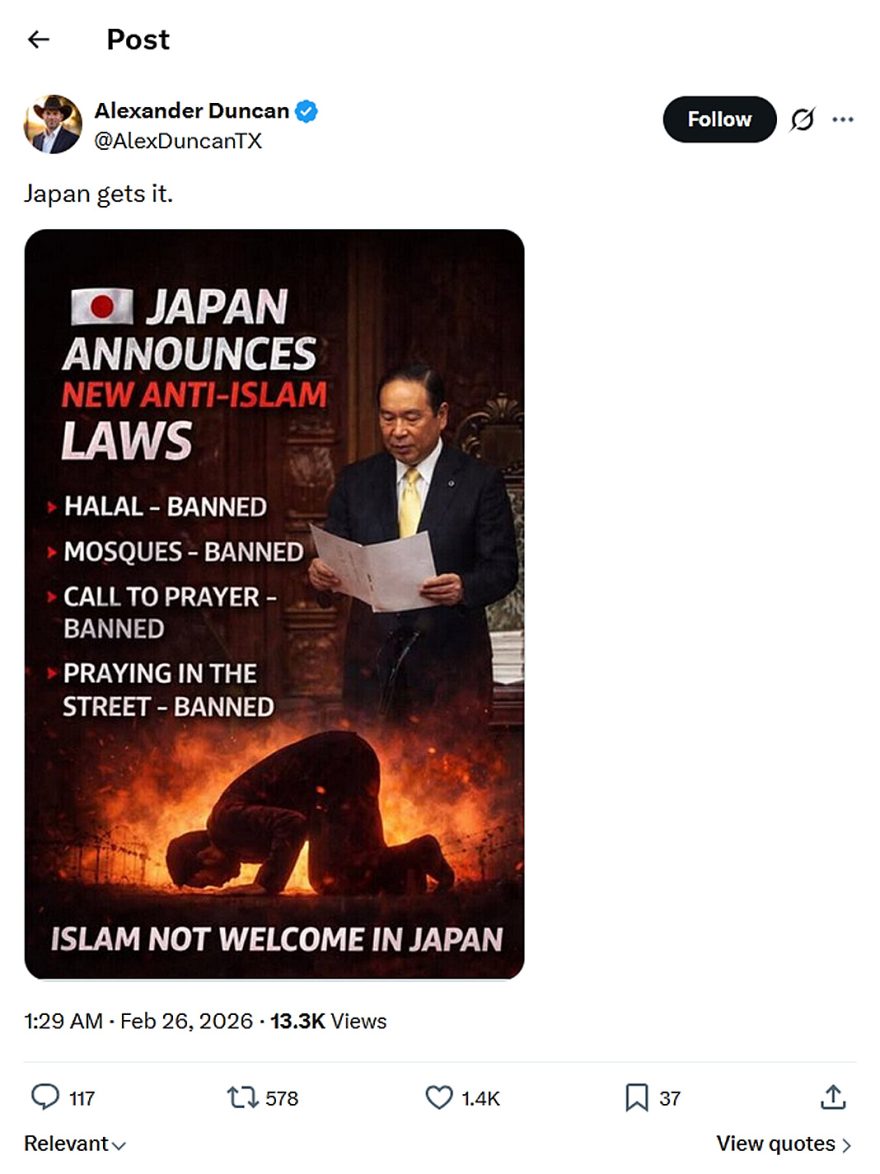 Alexander Duncan-tweet-25February2026-ISLAM NOT WELCOME IN JAPAN