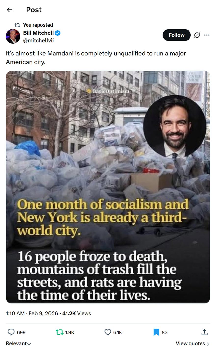 Bill Mitchell-tweet-8February2026-Mamdani is completely unqualified