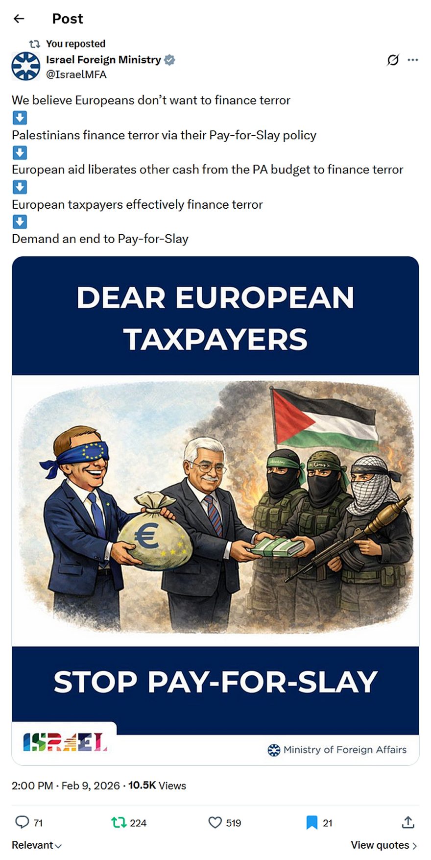 Israel Foreign Ministry-tweet-9February2026-PA finance terror via their Pay-for-Slay policy