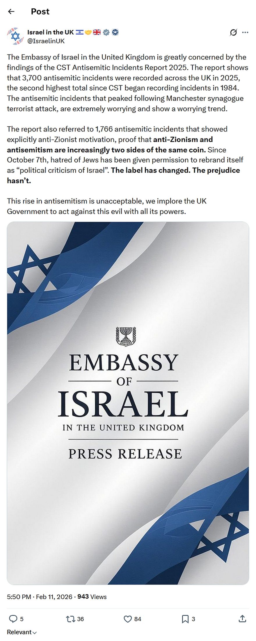 Israel in the UK-tweet-11February2026-UK anti-Zionism and antisemitism report