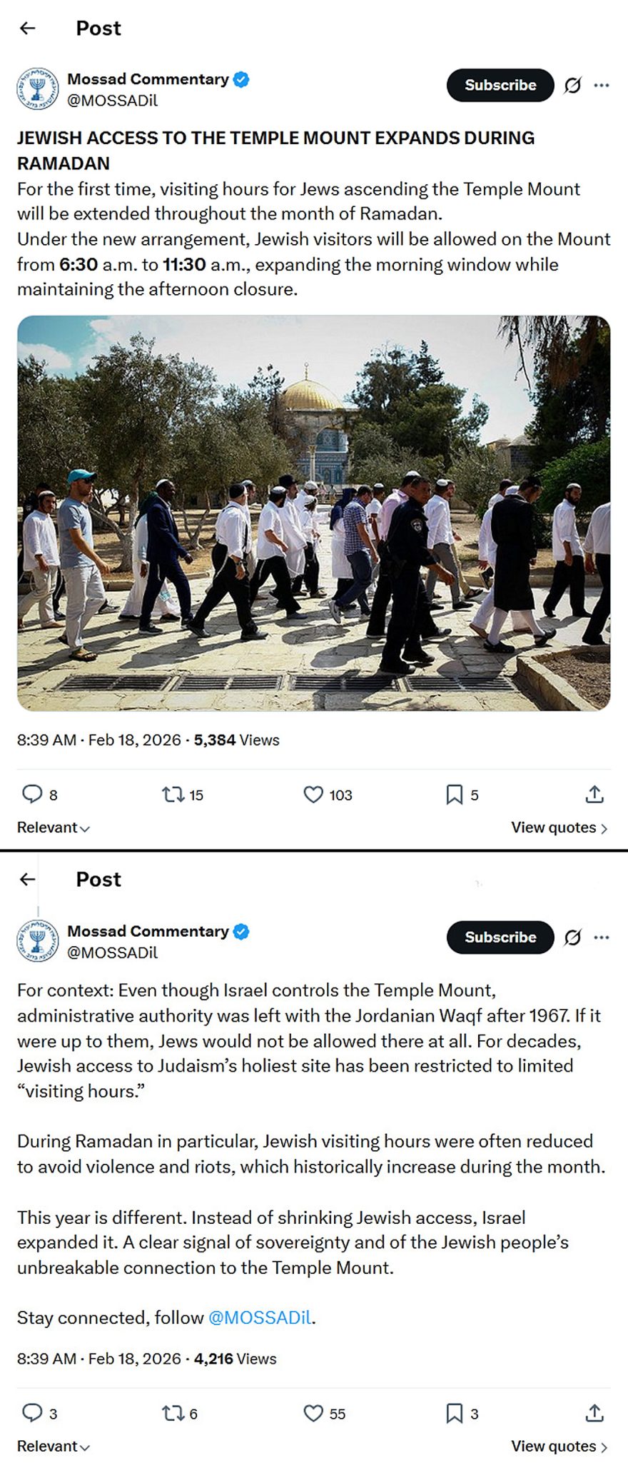 Mossad Commentary-tweet-18February2026-JEWISH ACCESS TO THE TEMPLE MOUNT EXPANDS