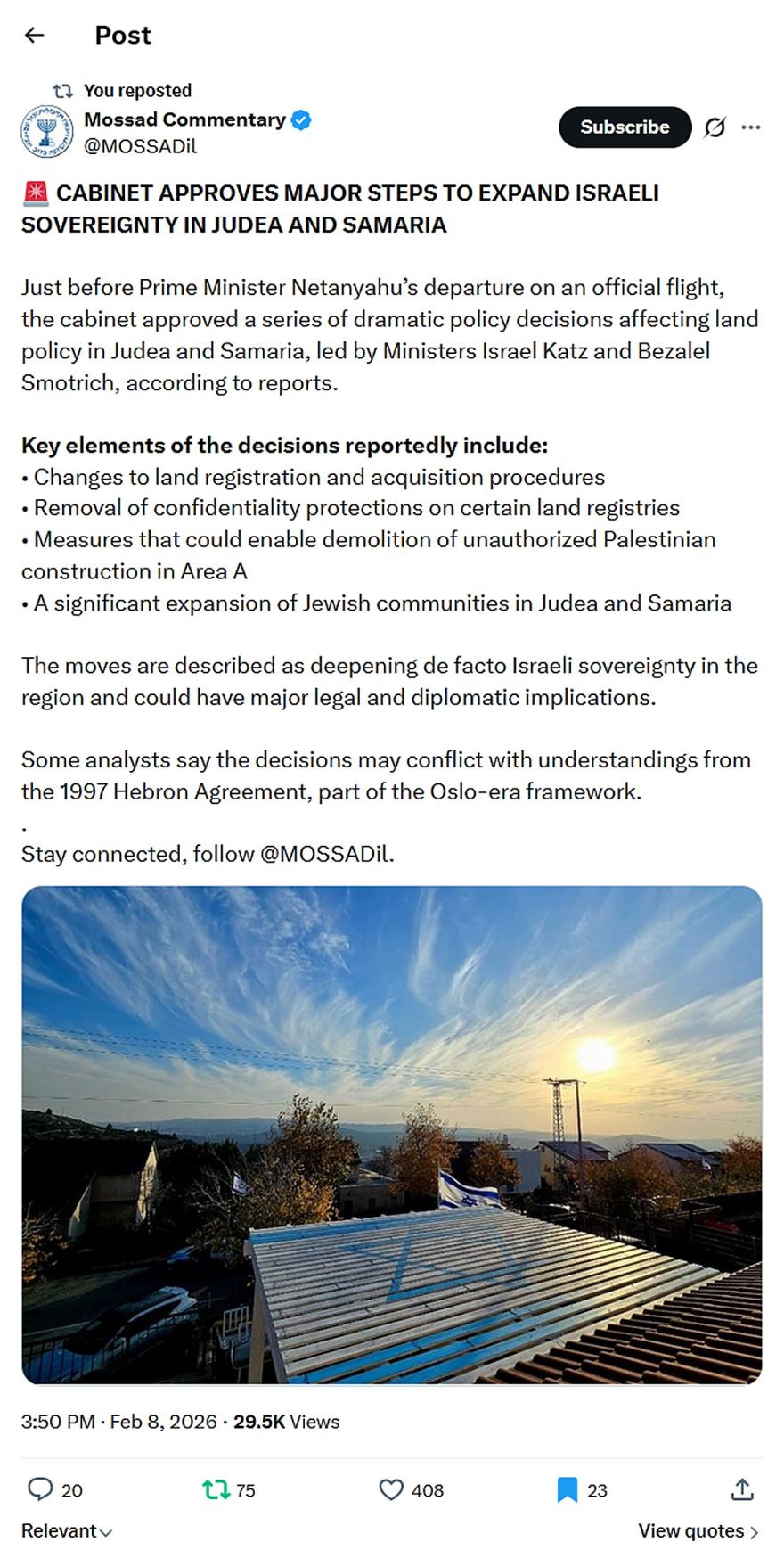 Mossad Commentary-tweet-8February2026-EXPAND ISRAELI SOVEREIGNTY IN JUDEA AND SAMARIA