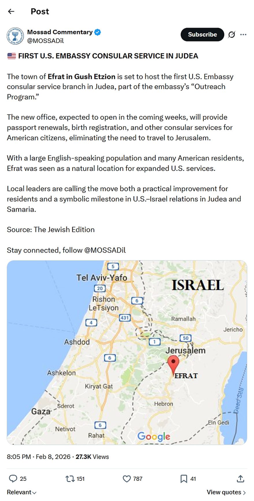 Mossad Commentary-tweet-8February2026-FIRST U.S. EMBASSY CONSULAR SERVICE IN JUDEA