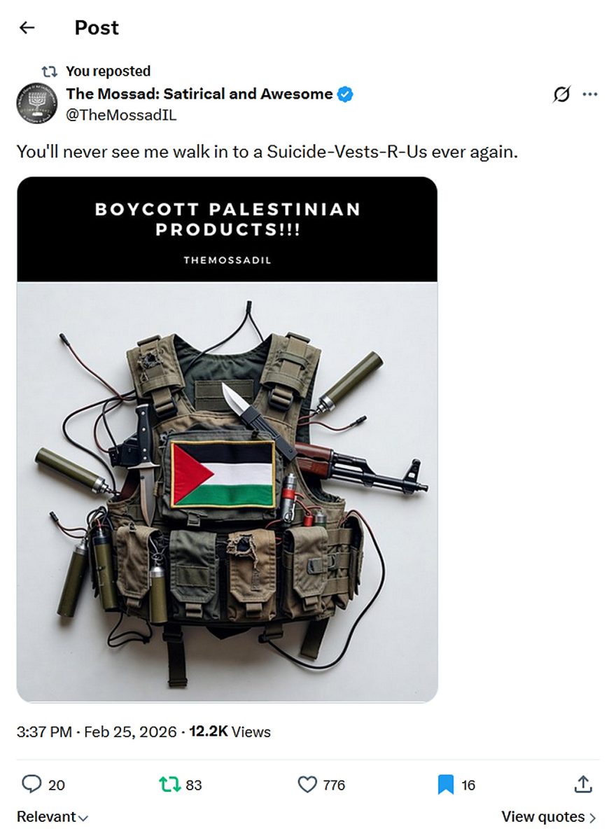 The Mossad Satirical and Awesome-tweet-25February2026-BOYCOTT PALESTINIAN PRODUCTS