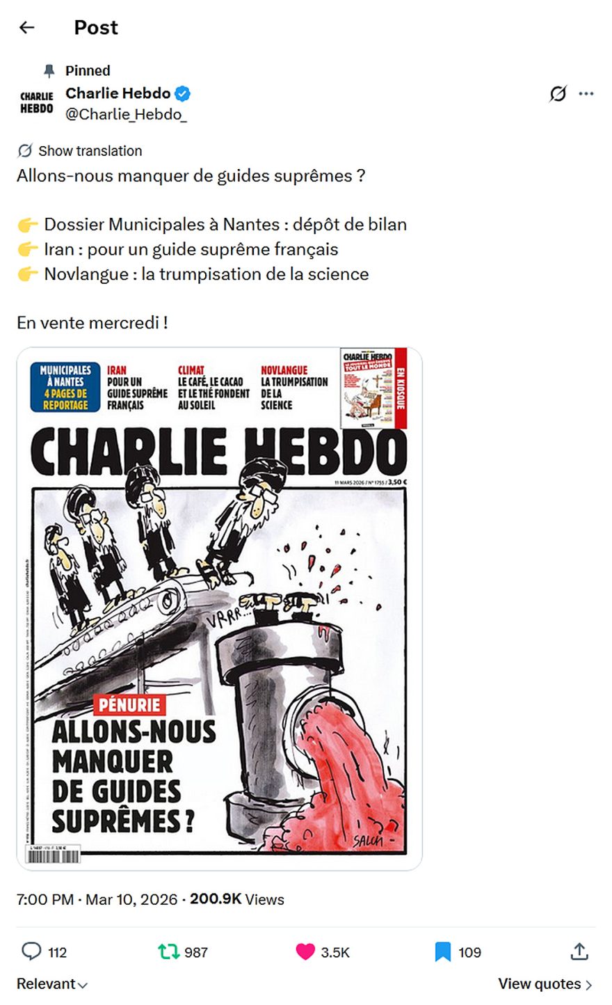 Charlie Hebdo-tweet-10March2026-Iran-for a French supreme guide