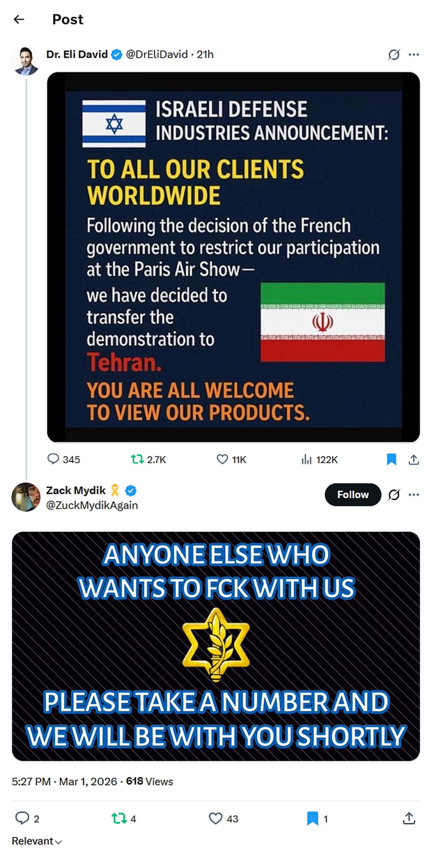 Dr. Eli David-tweet-1March2026-ISRAELI DEFENSE INDUSTRIES demonstration in Tehran