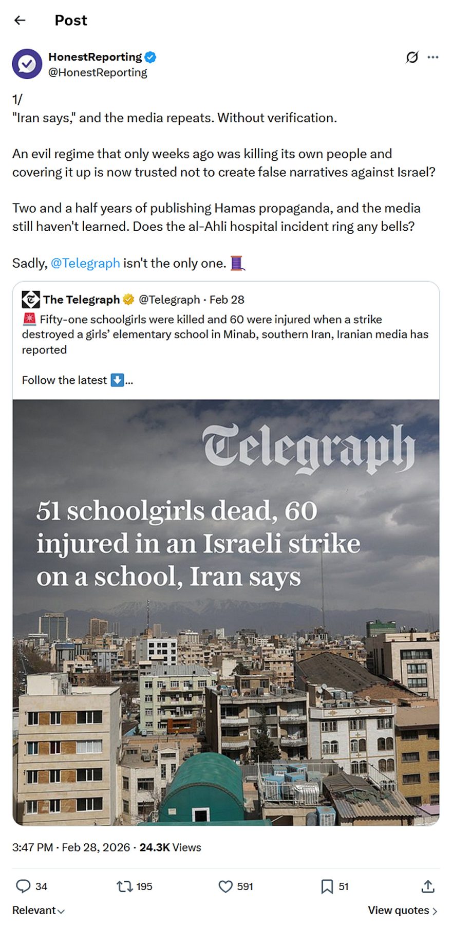 HonestReporting-tweet-28February2026-Iran says-and the media repeats Without verification