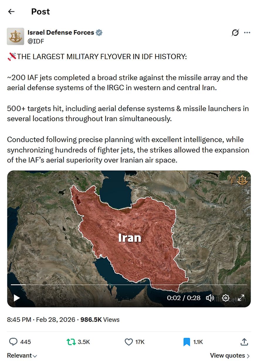 Israel Defense Forces-tweet-28February2026-THE LARGEST MILITARY FLYOVER IN IDF HISTORY