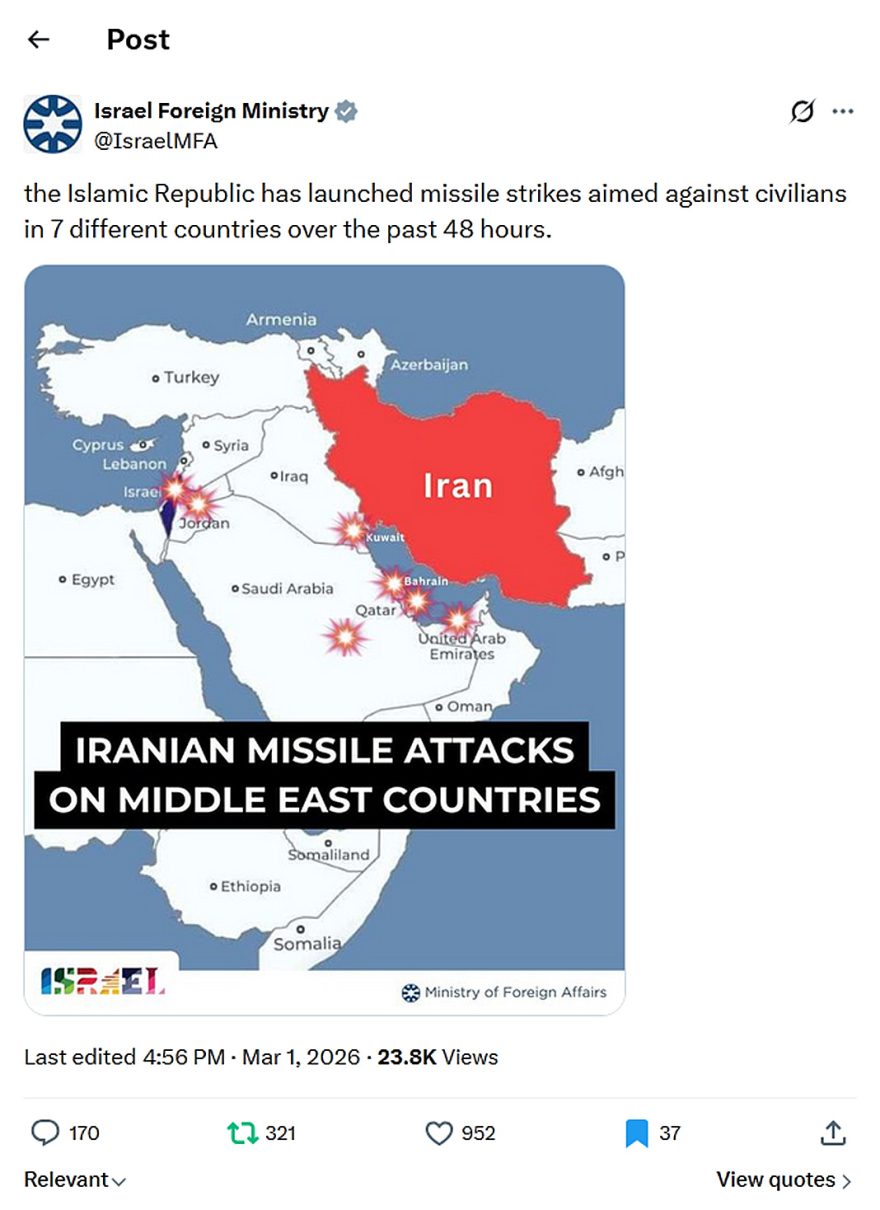 Israel Foreign Ministry-tweet-1March2026-Iran attacked 7 countries