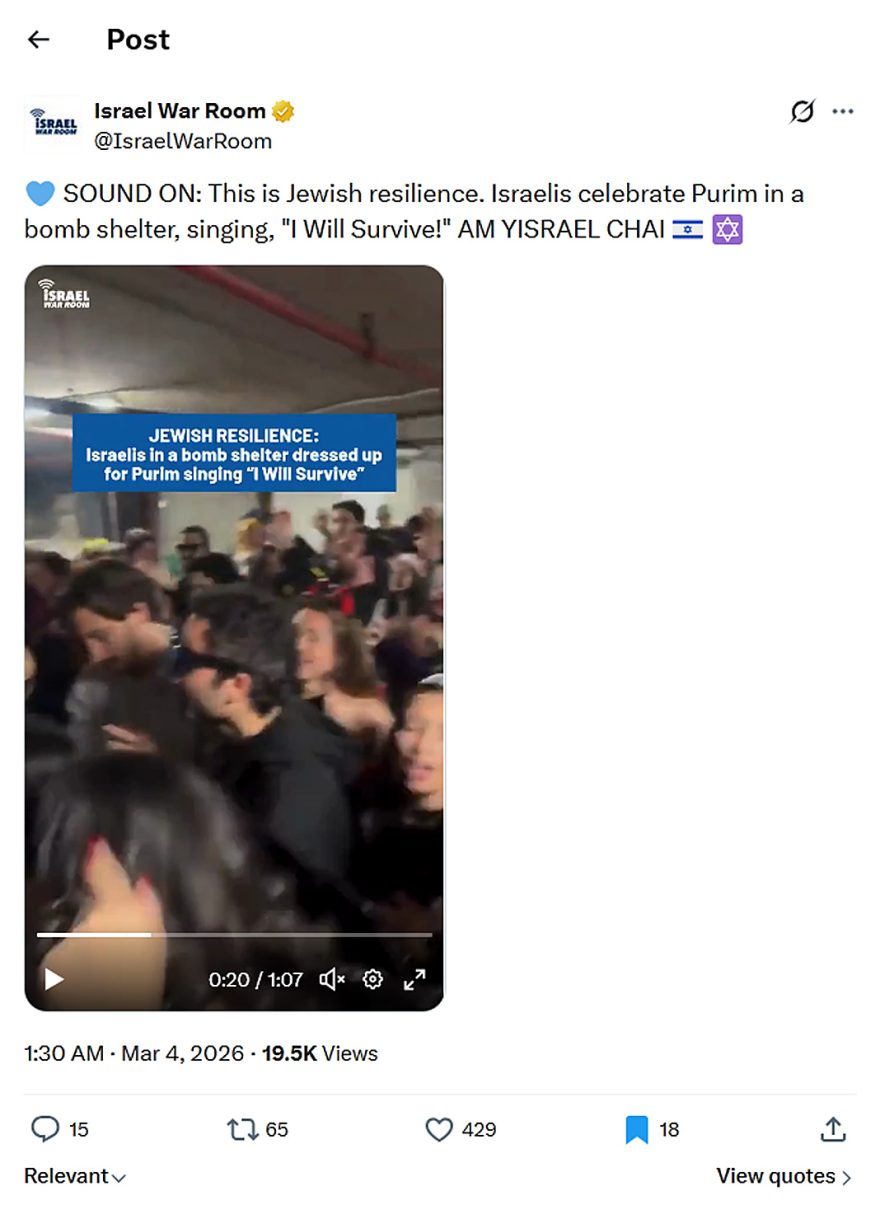 Israel War Room-tweet-3March2026-Purim 2026-Israelis celebrate Purim in a bomb shelter