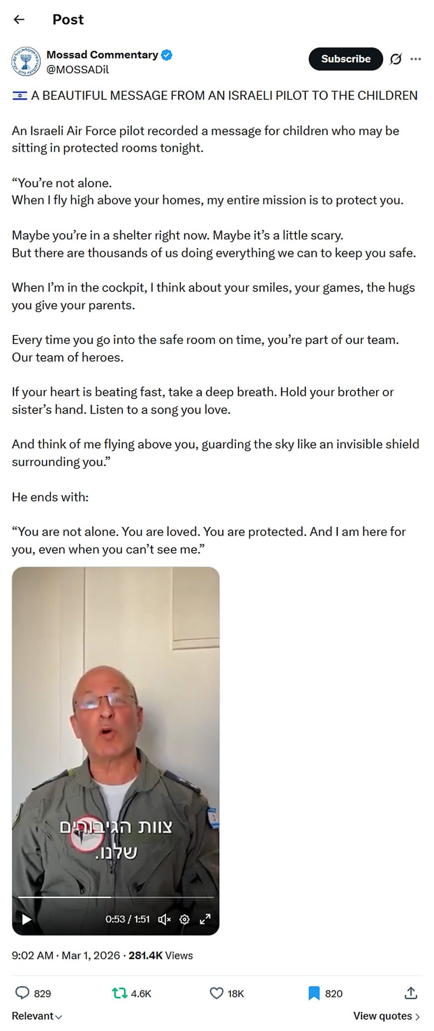 Mossad Commentary-tweet-1March2026-A BEAUTIFUL MESSAGE FROM AN ISRAELI PILOT TO THE CHILDREN