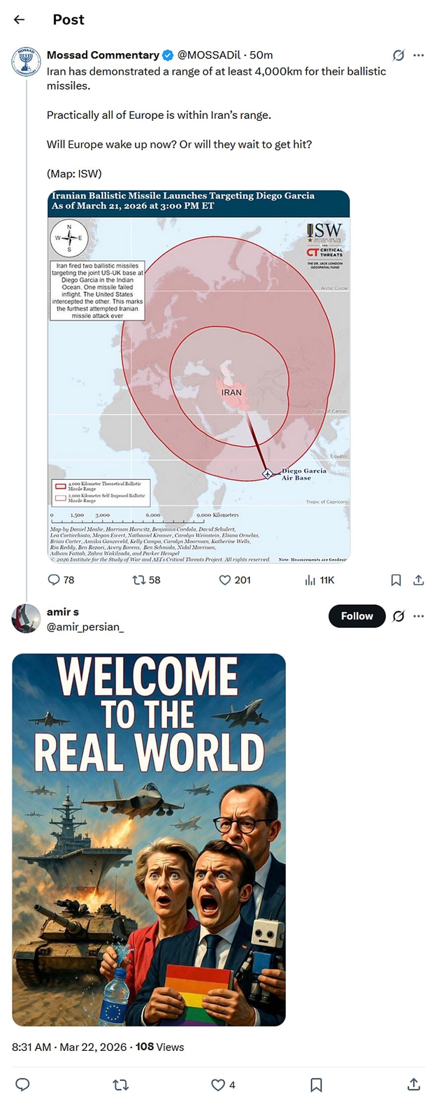 Mossad Commentary-tweet-22March2026-Europe within range of Iranian missiles