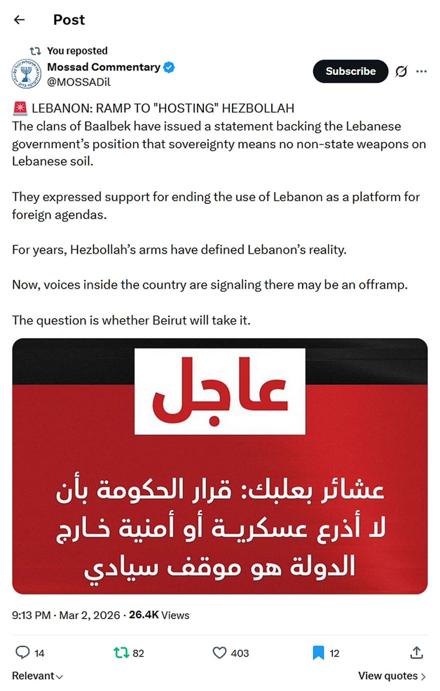 Mossad Commentary-tweet-2March2026-Clans of Baalbek no Hezbollah