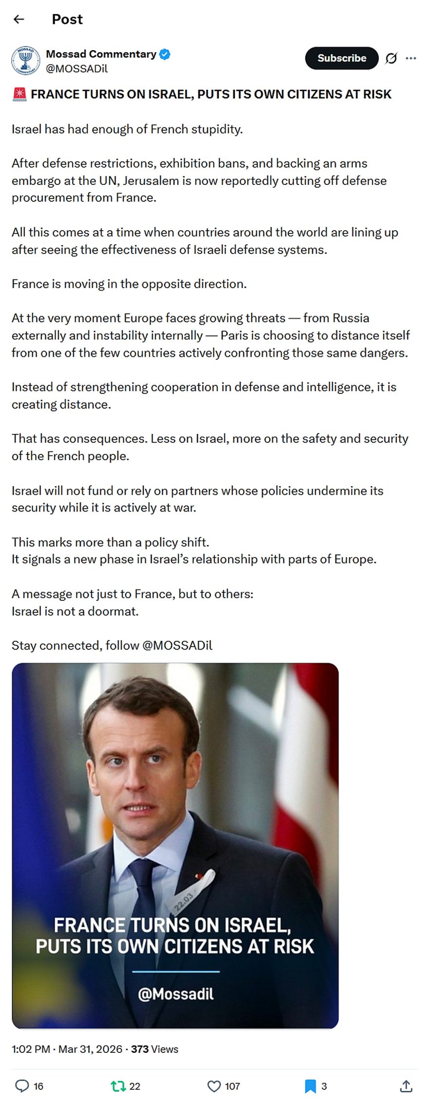 Mossad Commentary-tweet-31March2026-France turns on Israel, puts it's own citizens at risk
