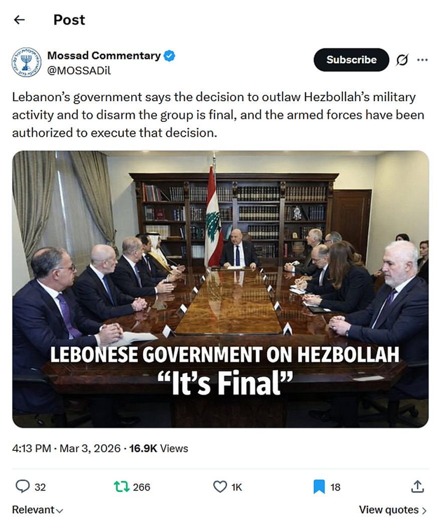 Mossad Commentary-tweet-3March2026-Lebanon government outlaws Hezbollah