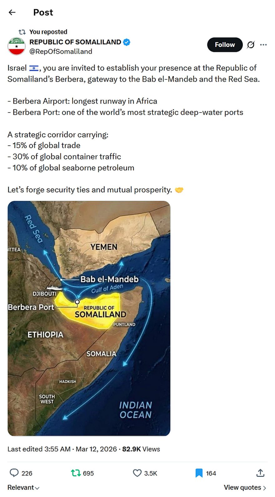 REPUBLIC OF SOMALILAND-tweet-12March2026-Israel at Berbera Somaliland fight Houthi