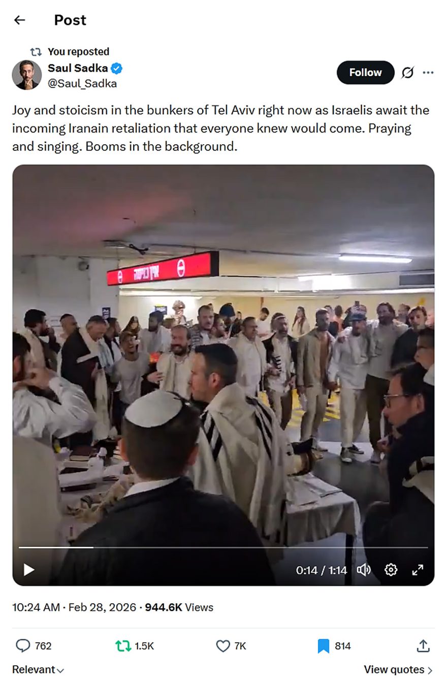 Saul Sadka-tweet-28February2026-Joy and stoicism in the bunkers of Tel Aviv