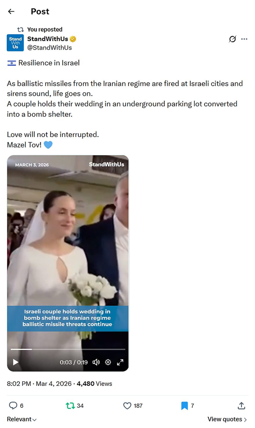 StandWithUs-tweet-4March2026-couple holds their wedding in an bomb shelter of Tel Aviv