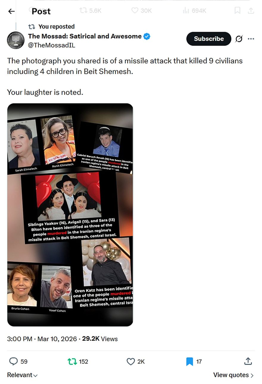 The Mossad Satirical and Awesome-tweet-10March2026-Missile attack on Beit Shemesh killed 9