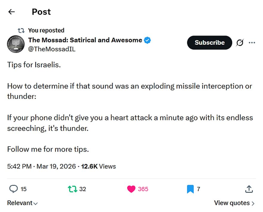 The Mossad Satirical and Awesome-tweet-19March2026-Tips for Israelis