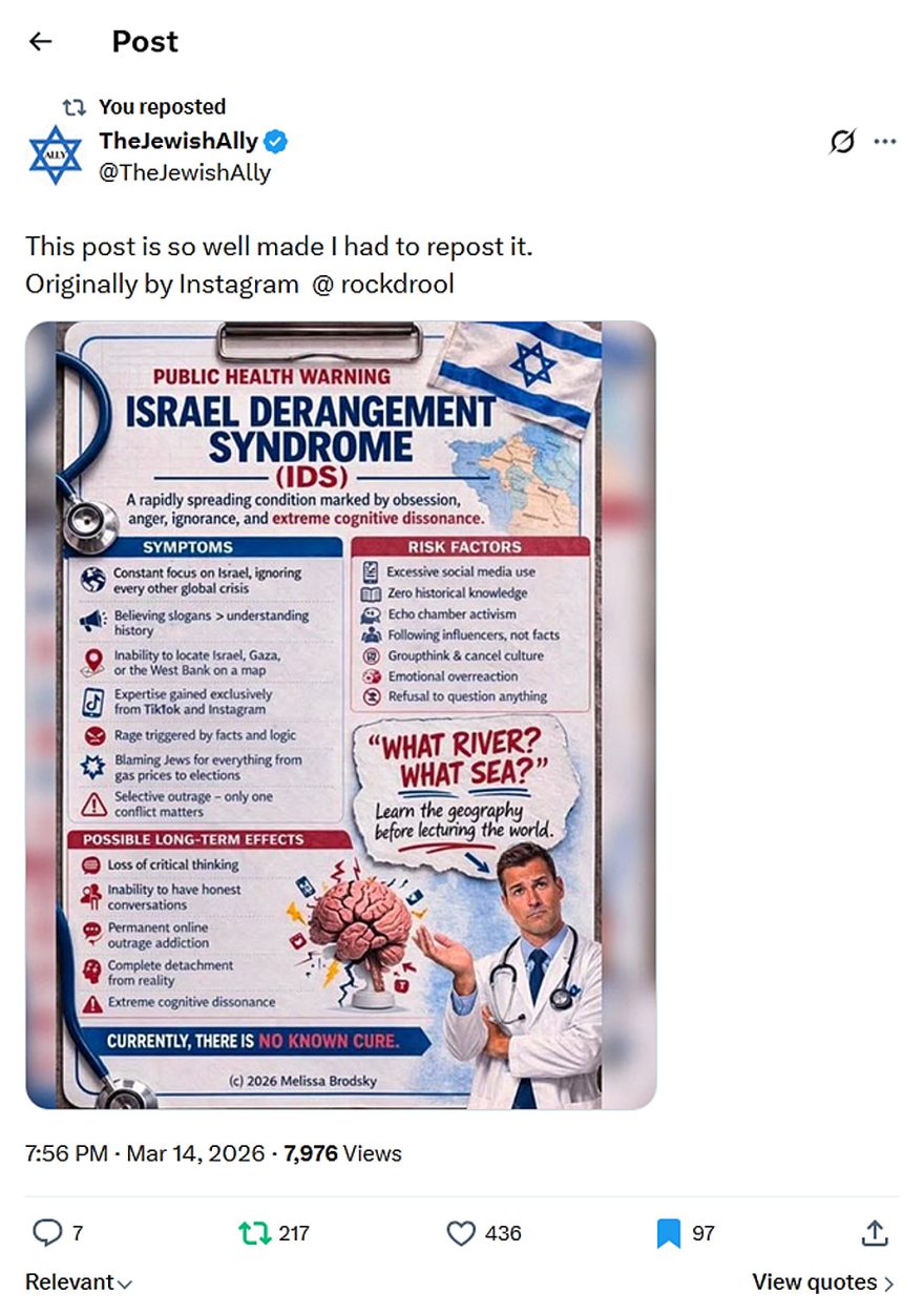 TheJewishAlly-tweet-14March2026-Israel Derangement Syndrome