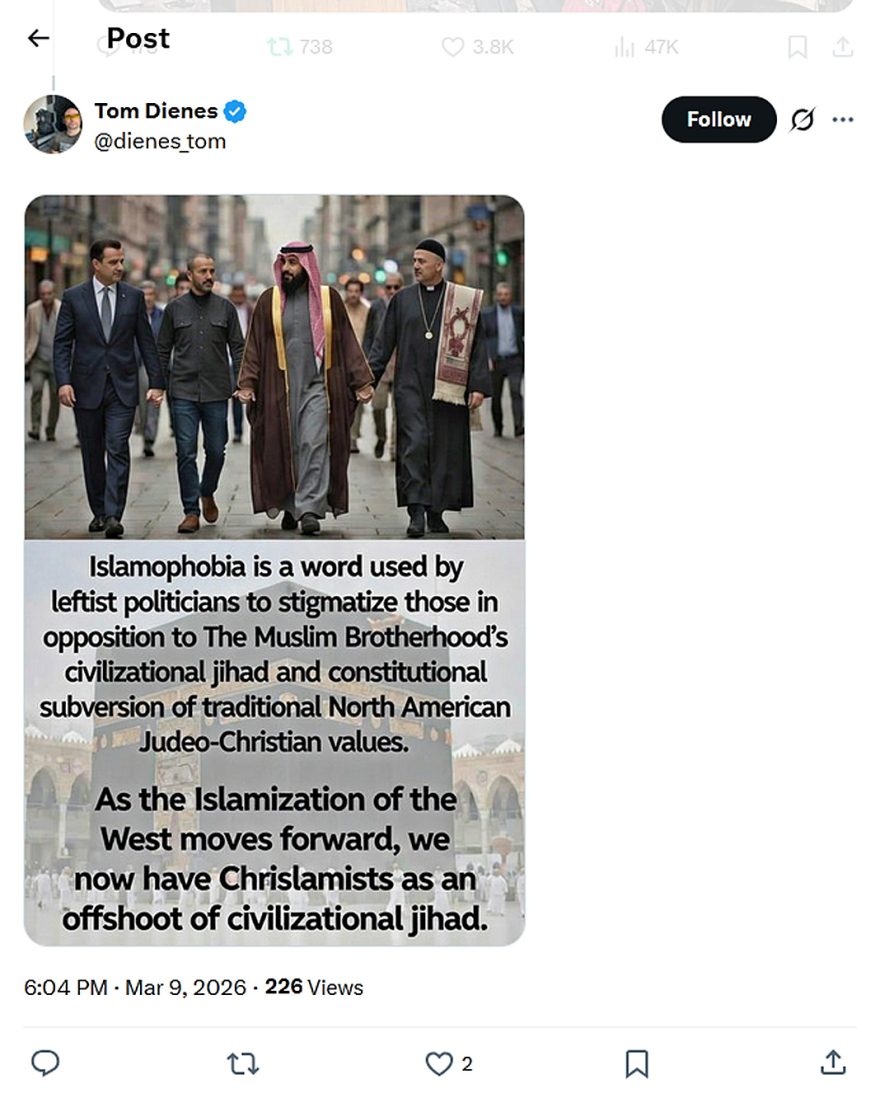 Tom Dienes-tweet-9March2026-Islamophobia definition