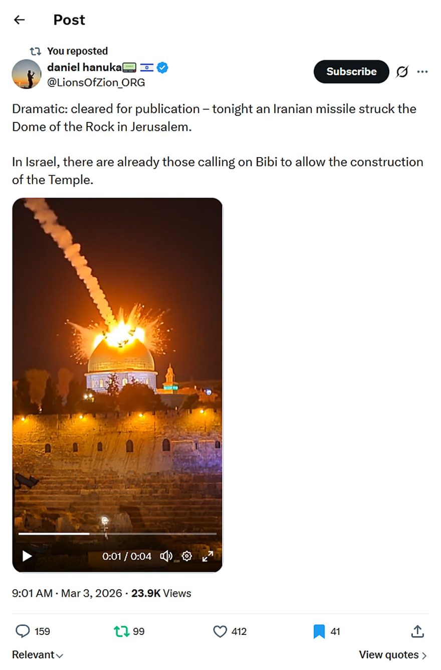 daniel hanuka-tweet-3March2026-Iranian missile struck Al Aqsa Mosque