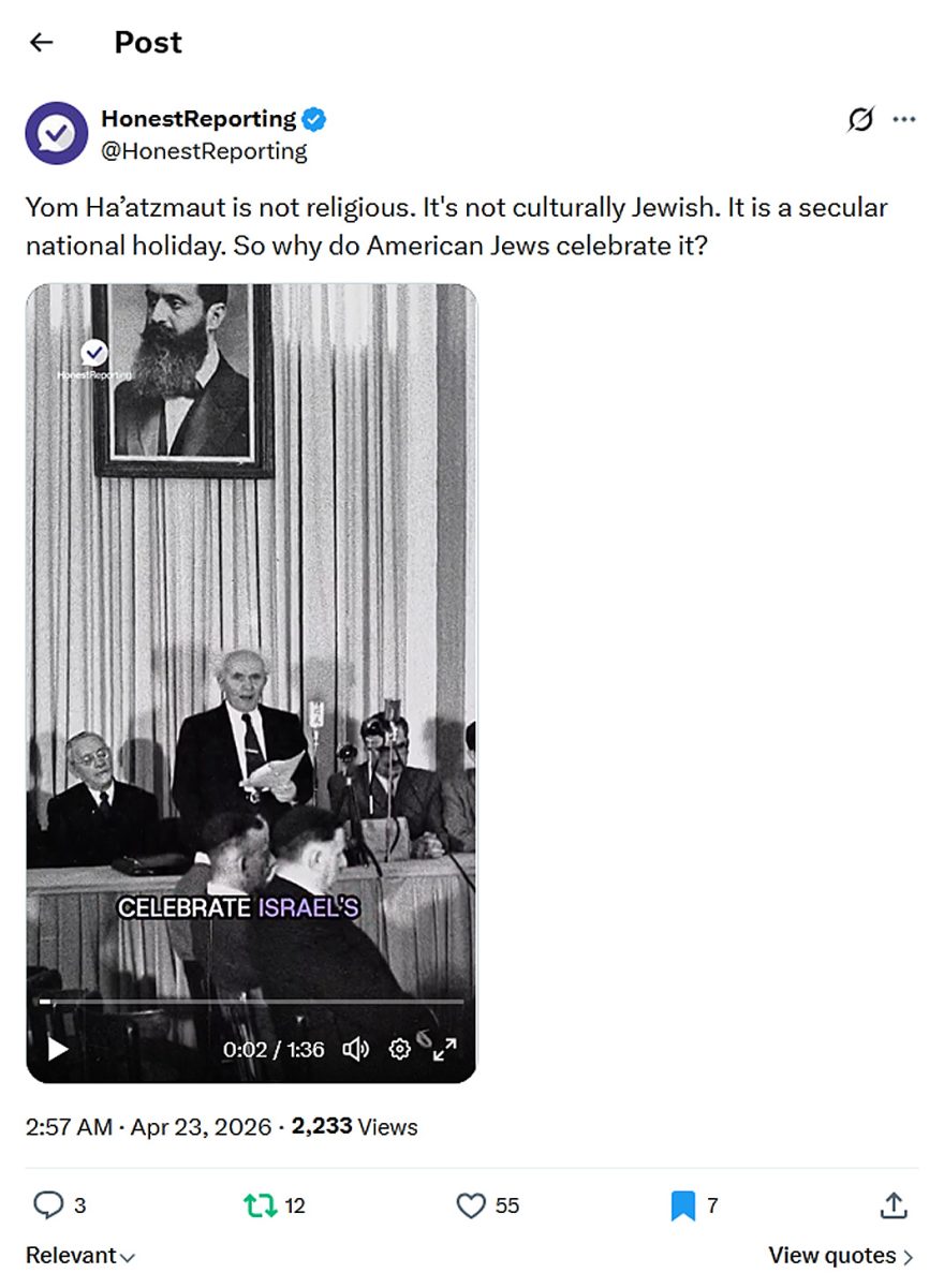 HonestReporting-tweet-22April2026-Why do American Jews celebrate Yom Ha’atzmaut