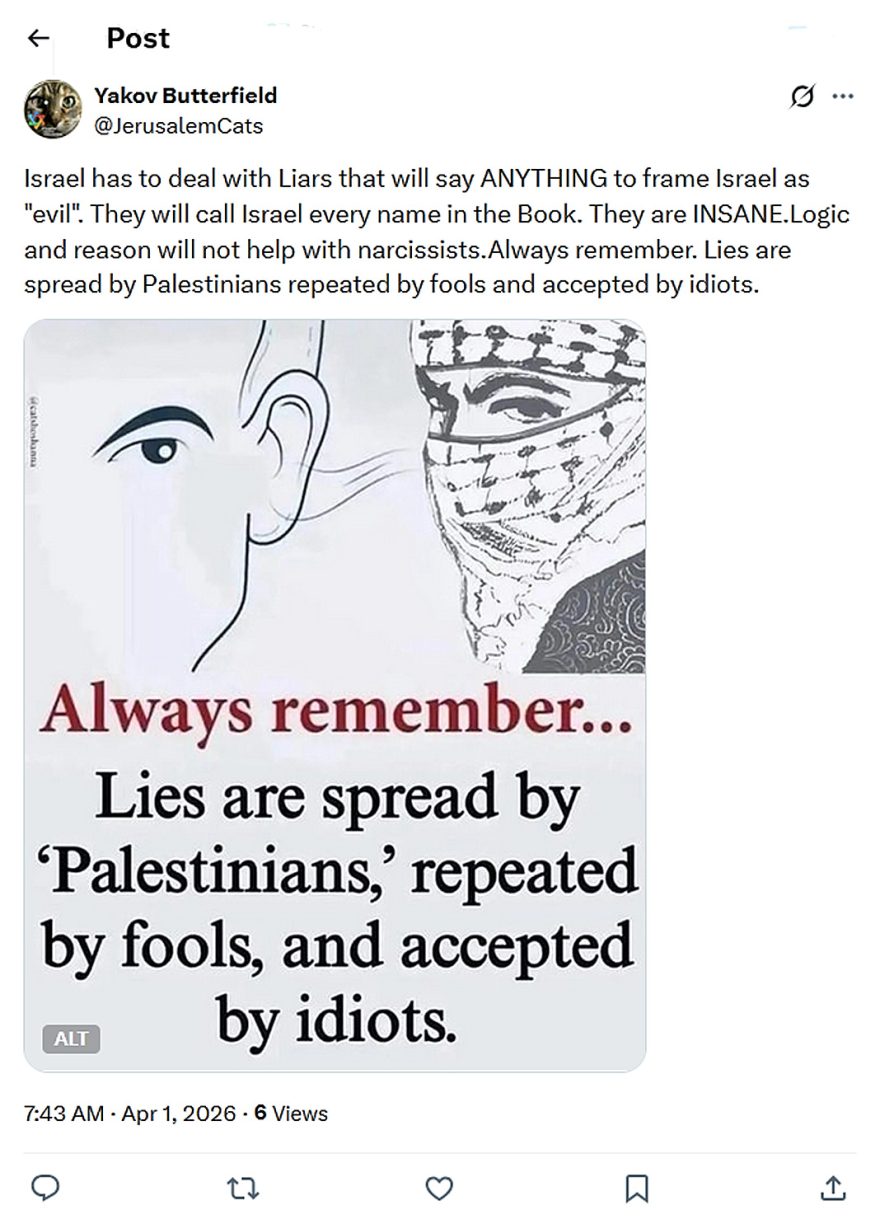 JerusalemCats-tweet-1April2026-Lies are spread by Palestinians repeated by fools and accepted by idiots