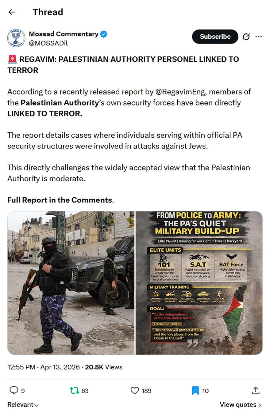 Mossad Commentary-tweet-13April2026- PALESTINIAN AUTHORITY PERSONEL LINKED TO TERROR