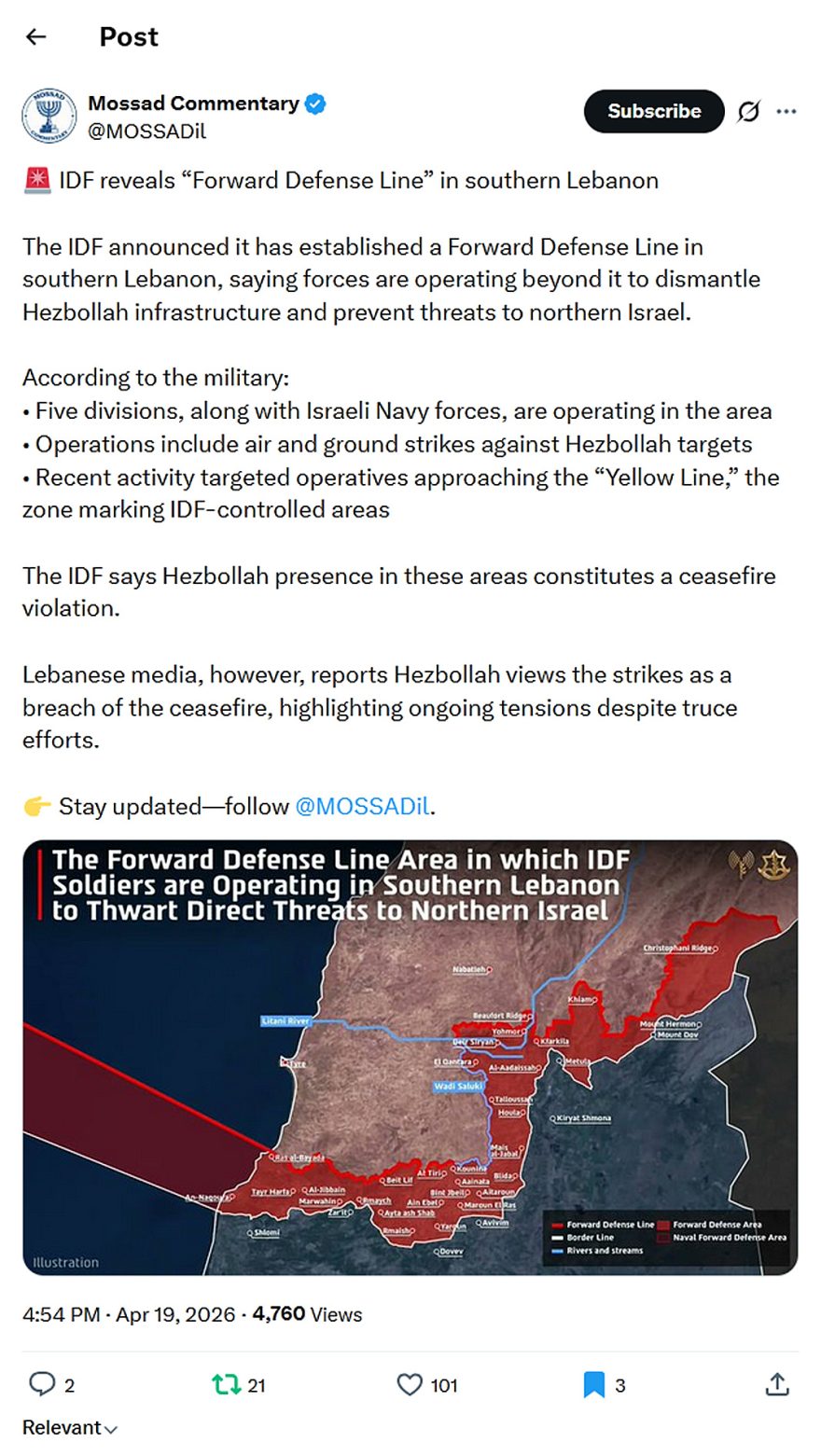 Mossad Commentary-tweet-19April2026-IDF Forward Defense Line in southern Lebanon