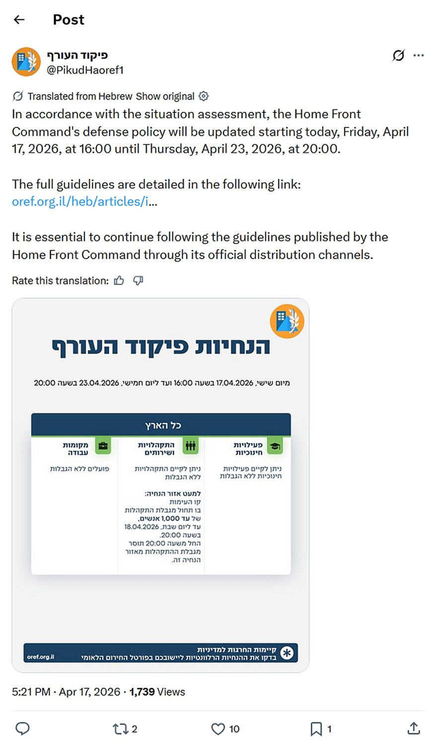Pikud HaOref-tweet-17April2026-Home Front Command guidelines