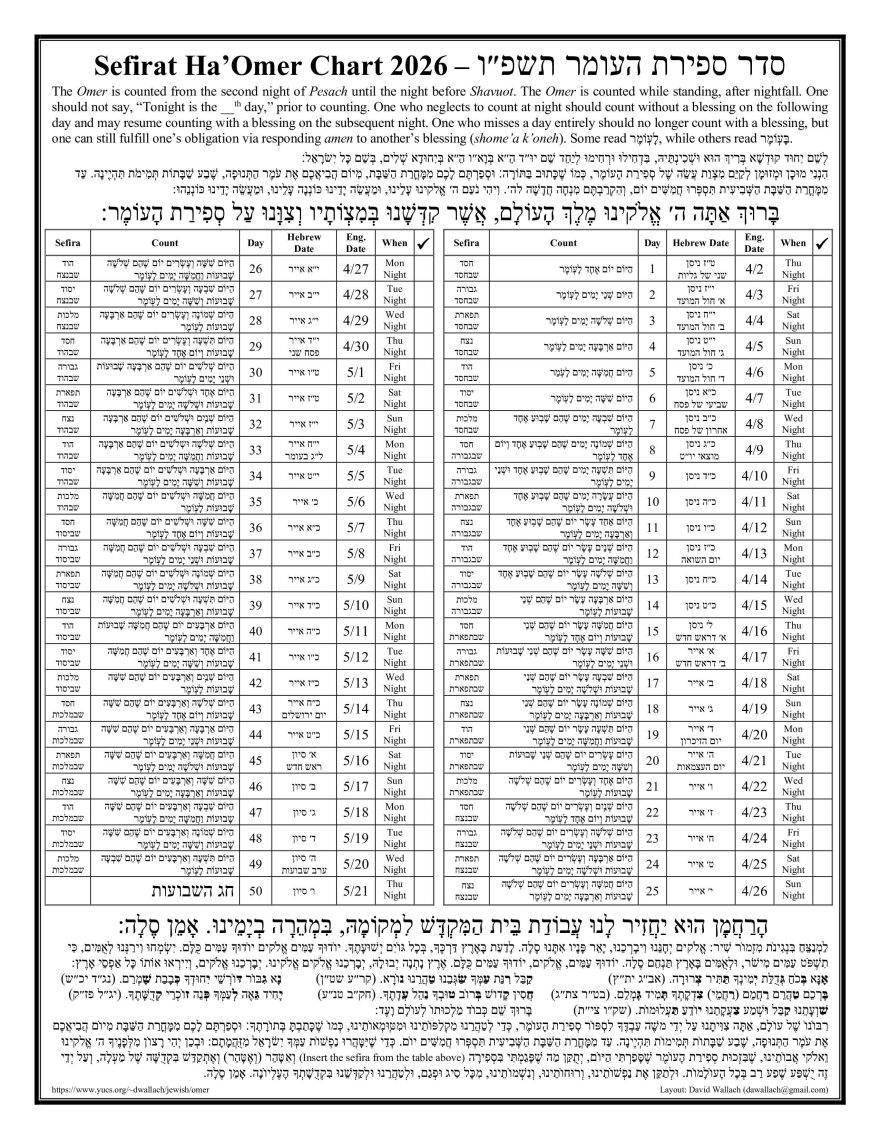 Sefirat HaOmer Chart 2026