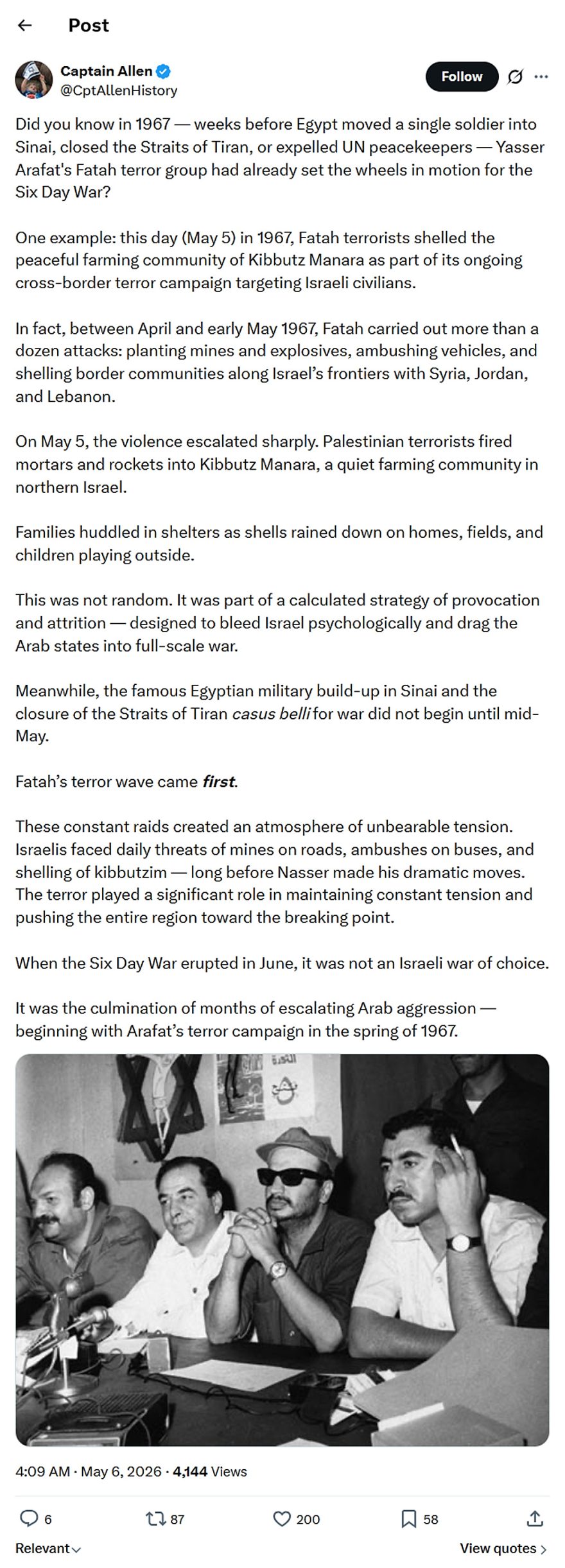Captain Allen-tweet-6May2026-Yasser Arafat and the Six Day War