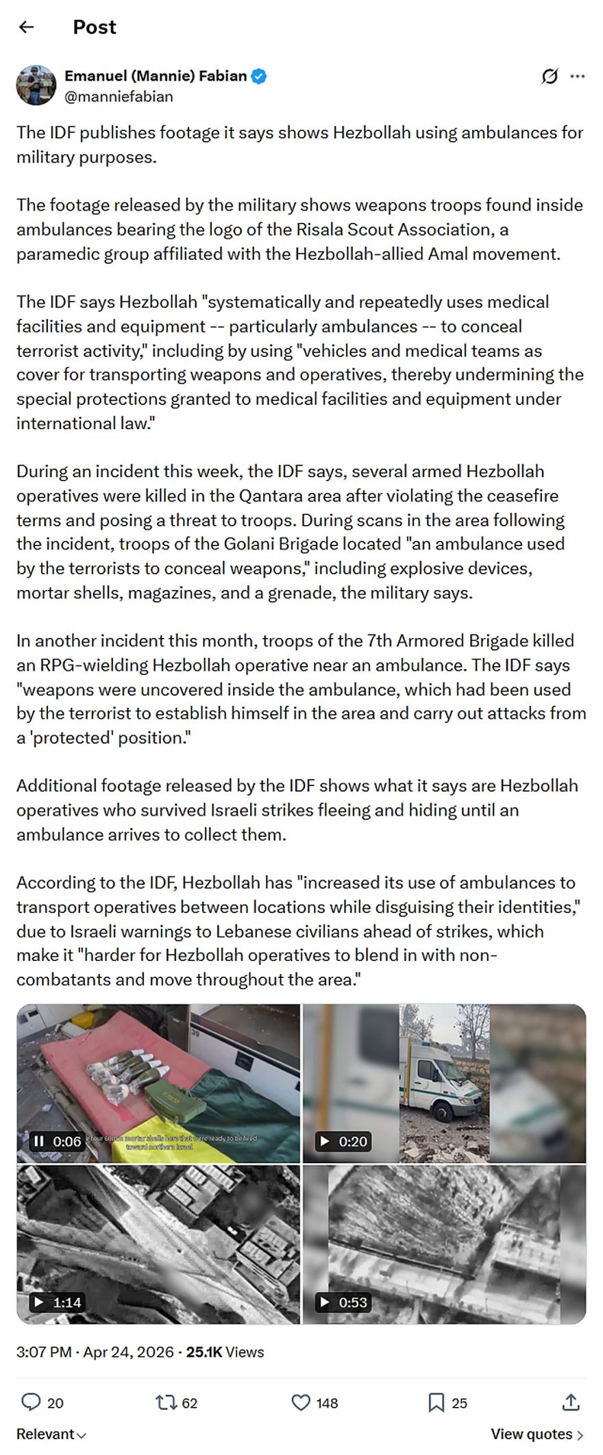 Emanuel (Mannie) Fabian-tweet-24April2026-Hezbollah uses ambulances conceal terrorist activity
