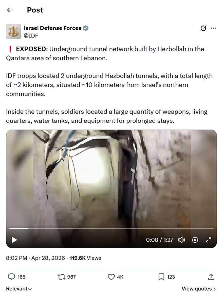 Israel Defense Forces-tweet-28April2026-Hezbollah Underground tunnel network