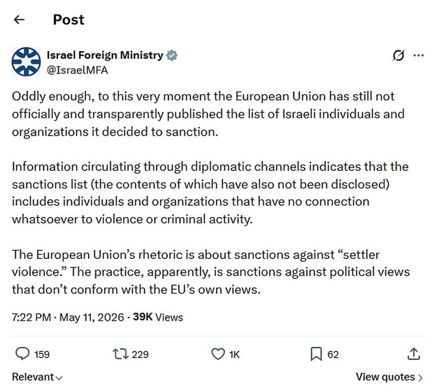 Israel Foreign Ministry-tweet-11May2026-EU Approves Sanctions on Israel
