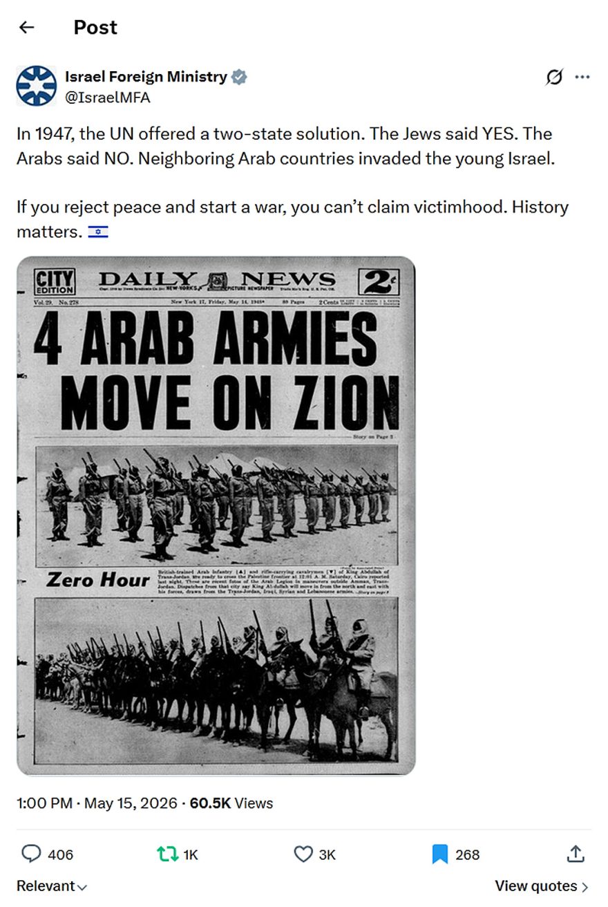 Israel Foreign Ministry-tweet-15May2026-reject peace-start-war-you can’t claim victimhood