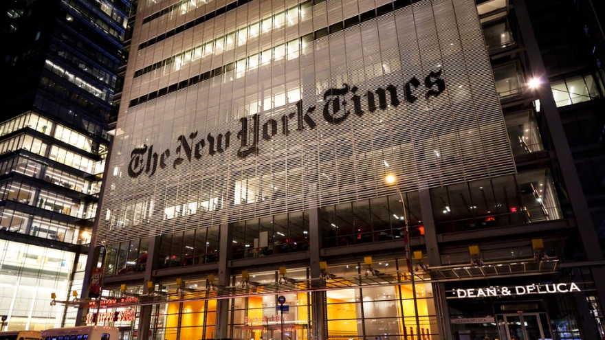 “The New York Times” headquarters at night. Credit: Osugi/Shutterstock.