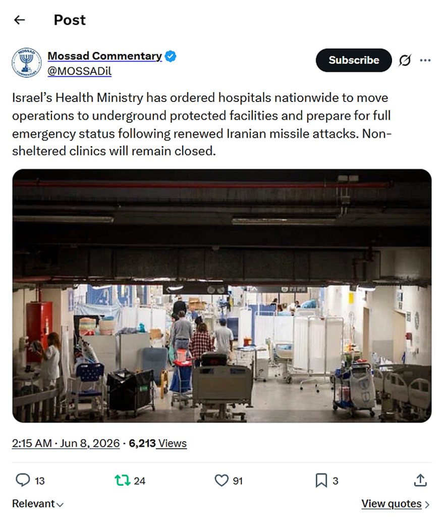 Mossad Commentary-tweet-7June2026-hospitals prepare for full emergency status