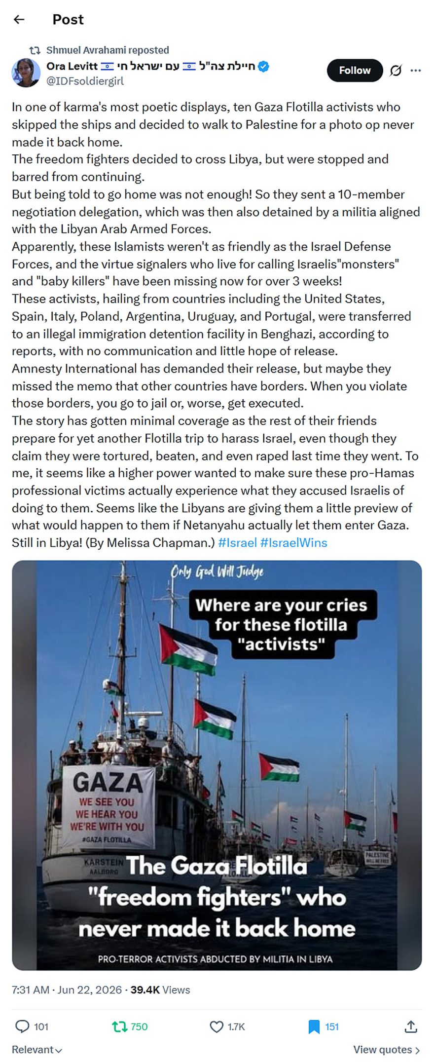 Ora Levitt-tweet-22June2026-Gaza Flotilla karma