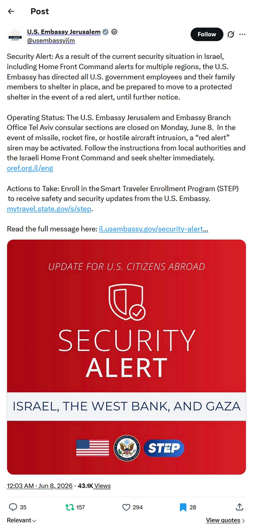 U.S. Embassy Jerusalem-tweet-7June2026-Security Alert