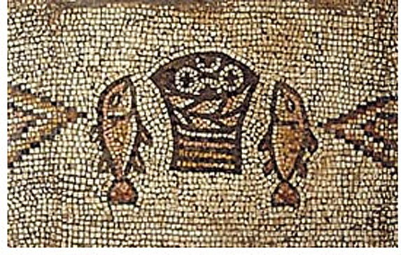 5th century mosaic in the floor of the Church of the Multiplication of the Loaves and the Fishes© Israel Antiquities Authority