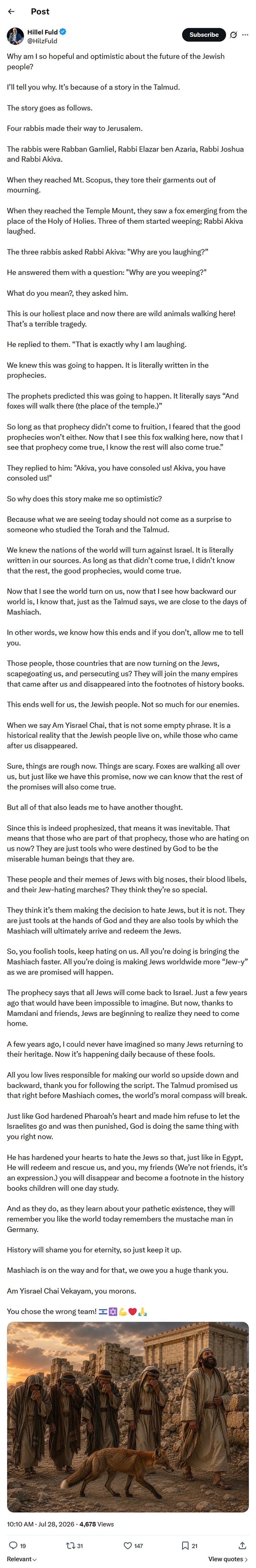 Hillel Fuld-tweet-28July2026-The Story of the Fox in the Temple