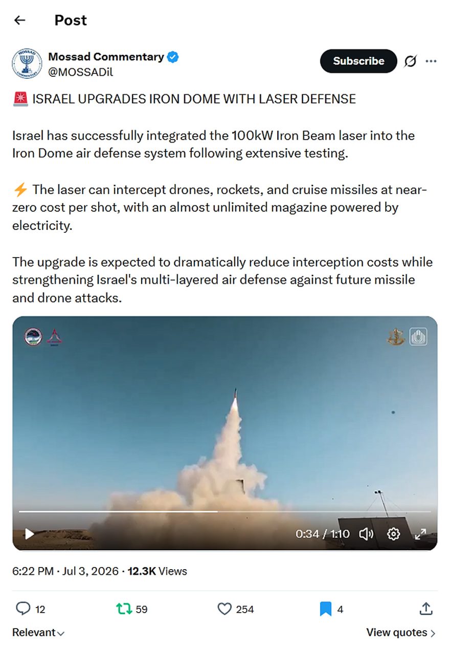 Mossad Commentary-tweet-3July2026-ISRAEL UPGRADES IRON DOME WITH LASER DEFENSE