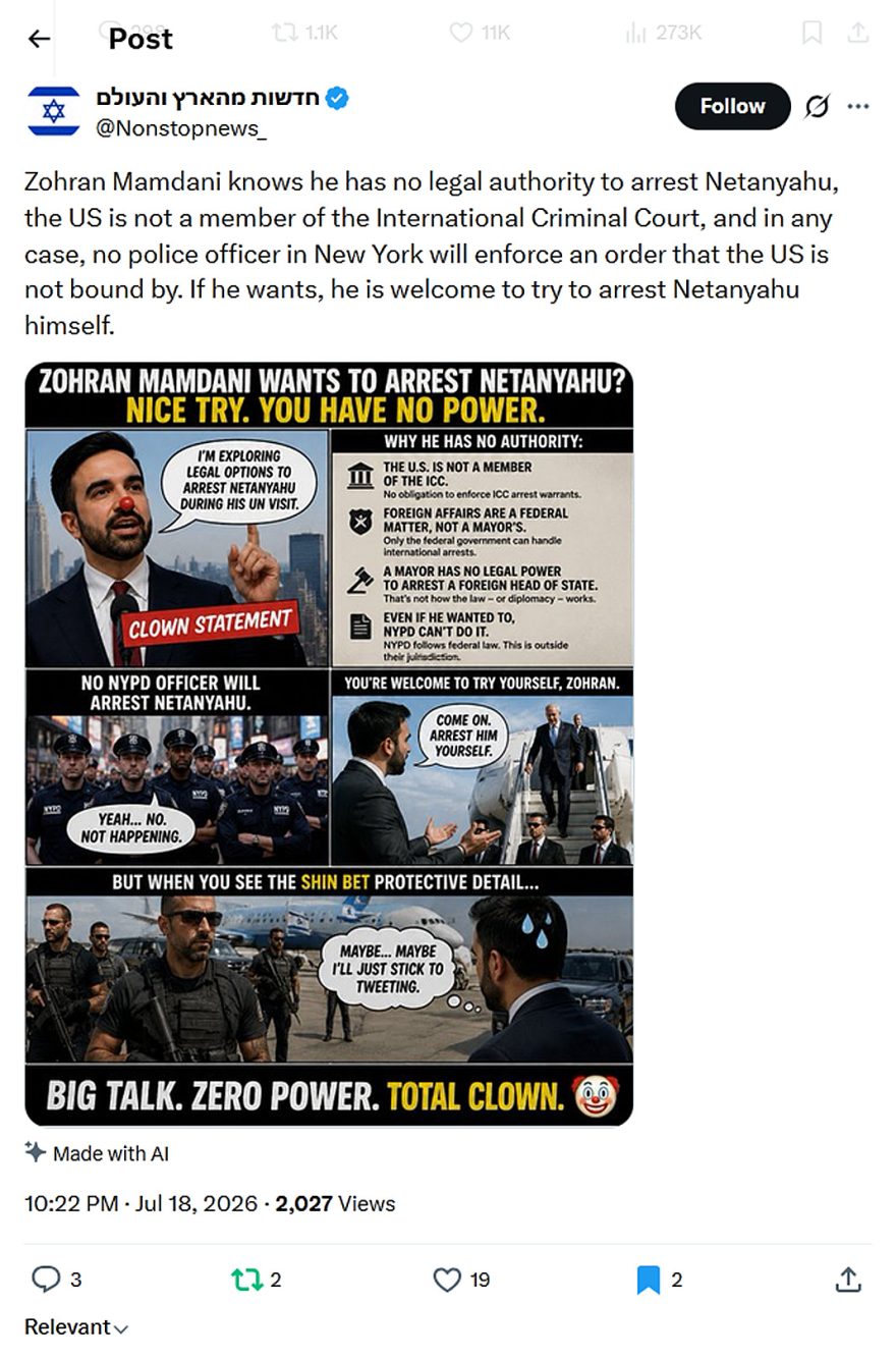 Nonstopnews-tweet-18July2026-Mamdani trying to arrest Netanyahu