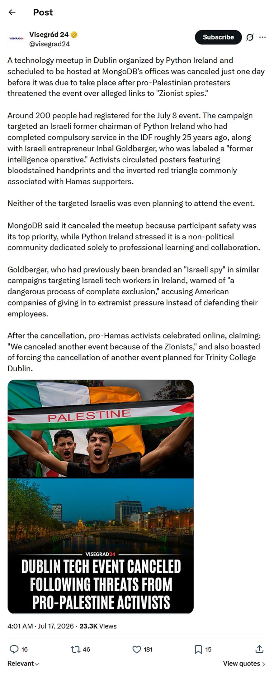 Visegrád 24-tweet-17July2026-Dublin Tech conference canceled by BDS Hamas Terrorist threats