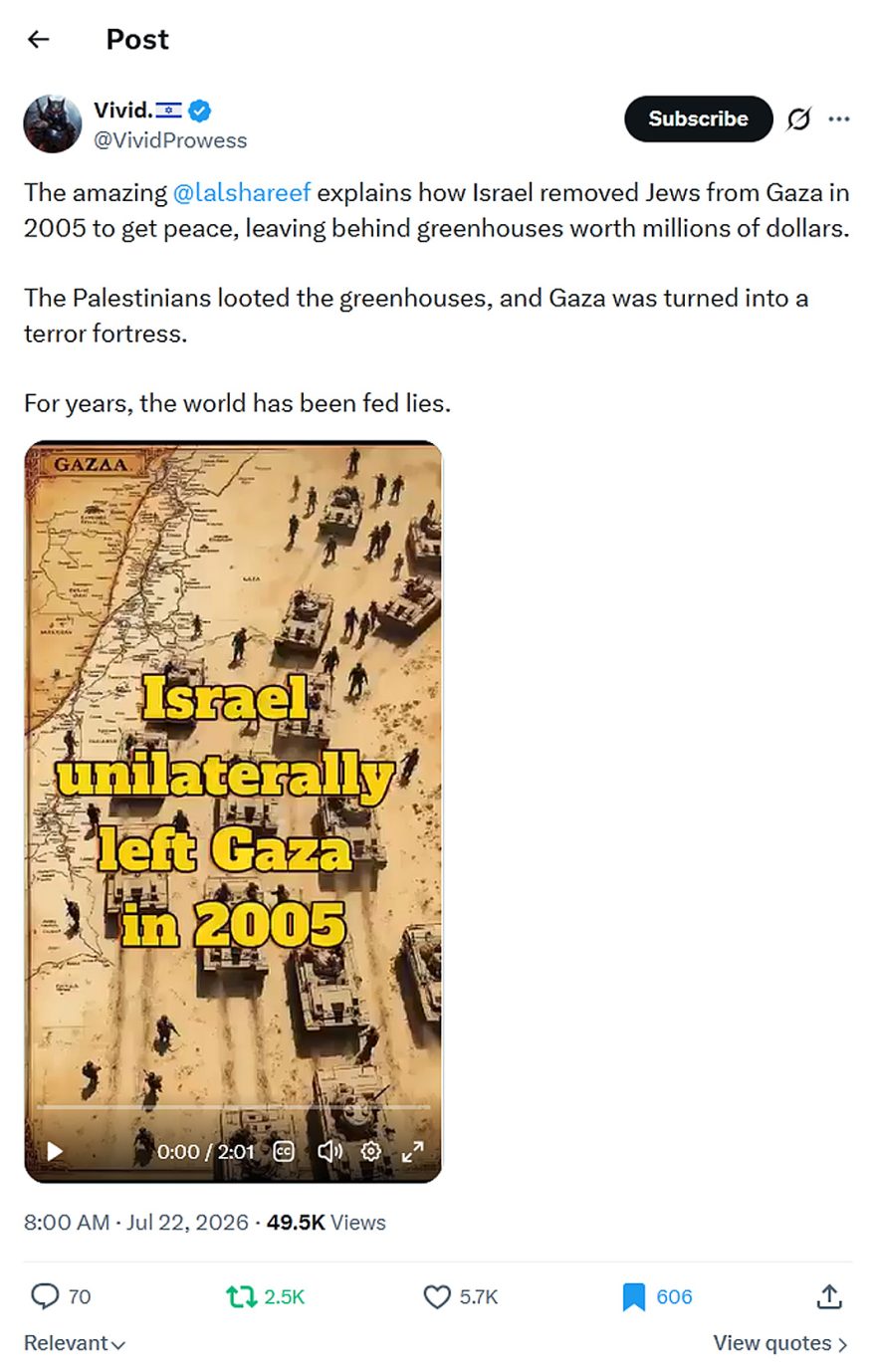 Vivid.-tweet-22July2026-Israel removed Jews from Gaza in 2005 to get peace