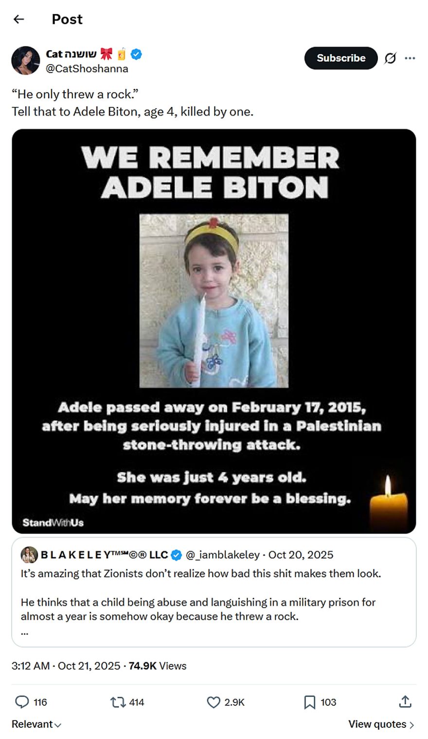 Cat-tweet-21October2025-Adele Biton age 4 killed by thrown stone