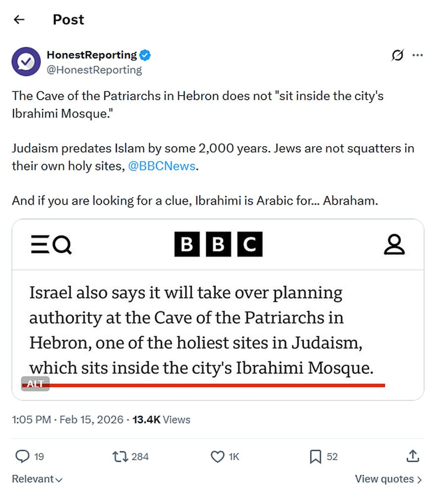 HonestReporting-tweet-15February2026-BBC-The Cave of the Patriarchs